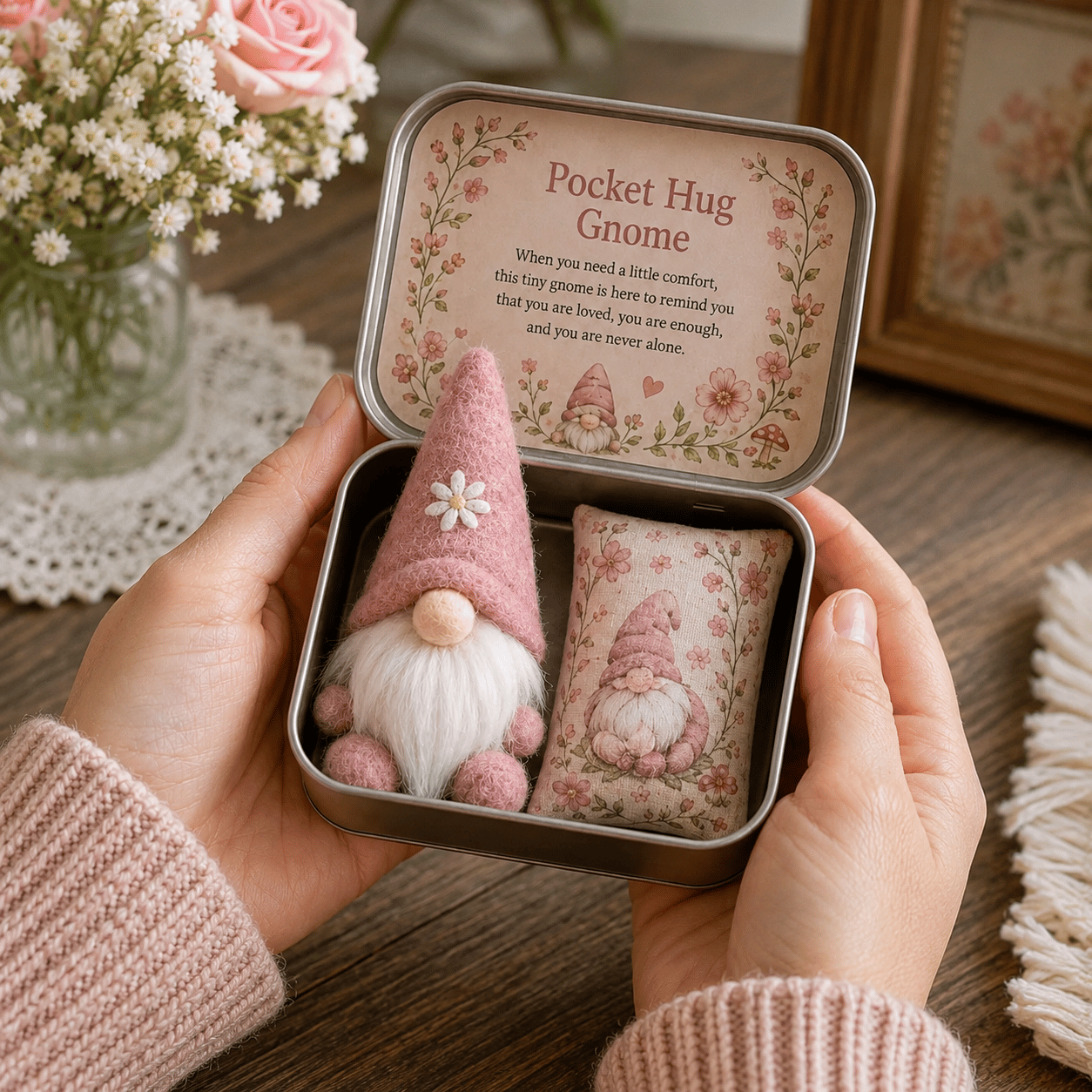 π Pocket Hug Gnome Comfort Gift Tin | Mini Plush Keepsake with Heartfelt Message, Matching Cushion & Protective Metal Case π§Έβ¨