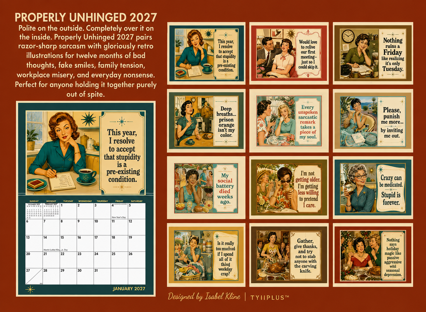 TYIIPLUS™ Polite & Petty 2027 Calendar – Funny Adult Humor & Sarcastic Retro Wall Calendar