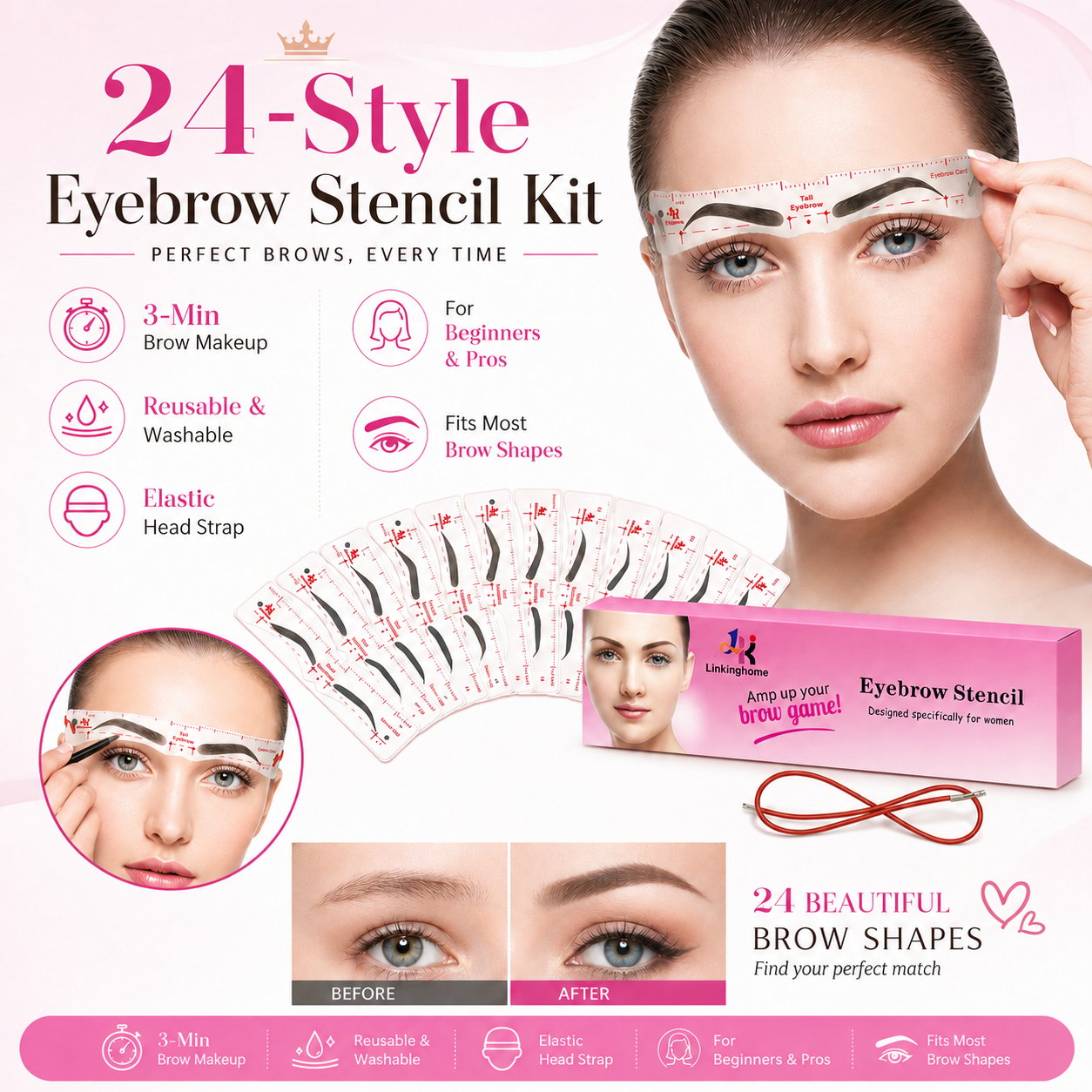 Eyebrow Stencil, 24 Eyebrow Shaper Kit, Reusable Eyebrow Template With Strap, 3 Minutes Makeup