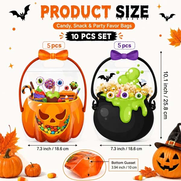 🎃 Halloween Treat & Goodie Bags with Handles (Poison Cauldron & Pumpkin Designs) 🍬👻