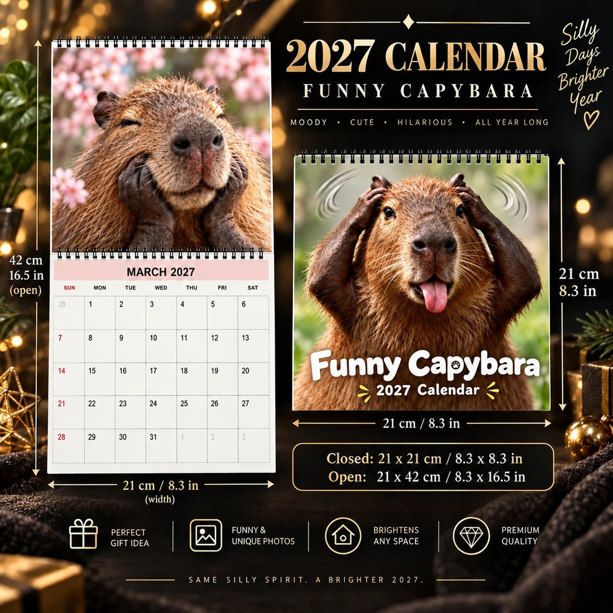 Funny Capybara 2027 Wall Calendar – 12-Month Cute & Playful Capybara Calendar, Spiral Hanging Wall Planner for Capybara Lovers & Nature Fans