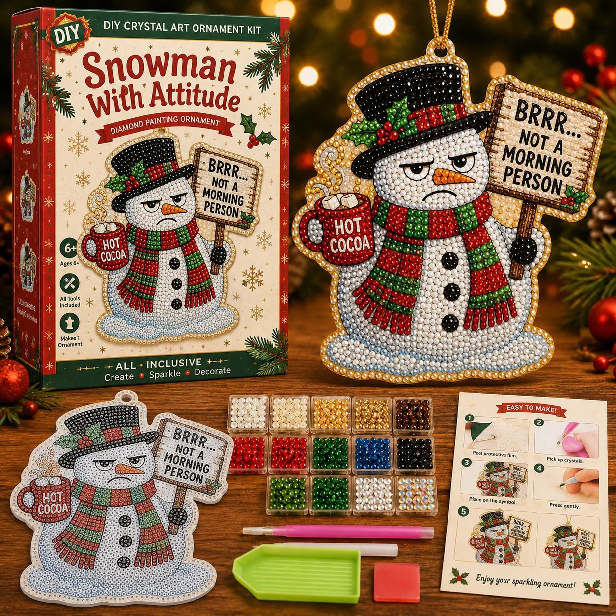 ๐ Beginner-Friendly Funny Christmas Pearl Diamond Art Ornament DIY Kit | Complete Set with Printed Base, Pearl & Crystal Pieces, Tools, Hanging Cord & Instructions Included ๐