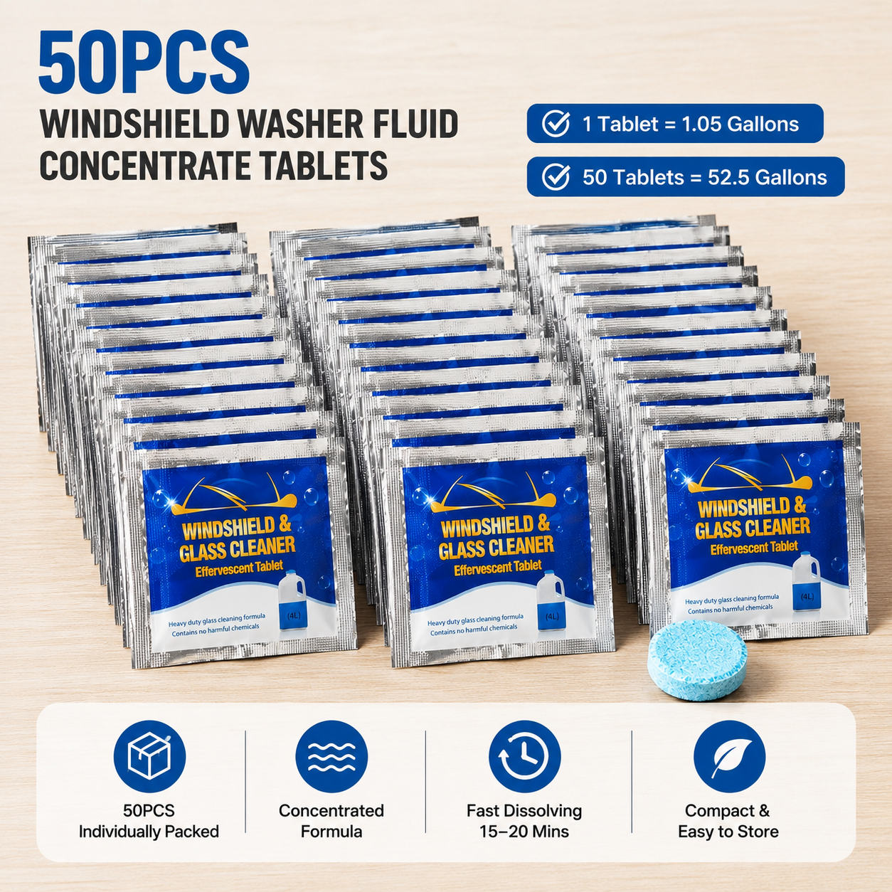 TYIIPLUS™ 50-Pack Windshield Washer Fluid Concentrate Tablets – Portable Wiper Cleaning Tablets