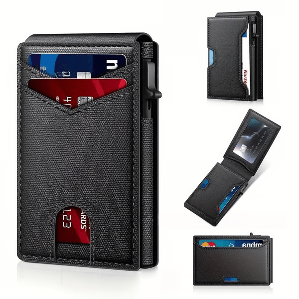 đź’Ľđź”’Premium Aluminum RFID Blocking Minimalist Wallet for Men - Pop-Up Card Access, Money Clip & ID Window