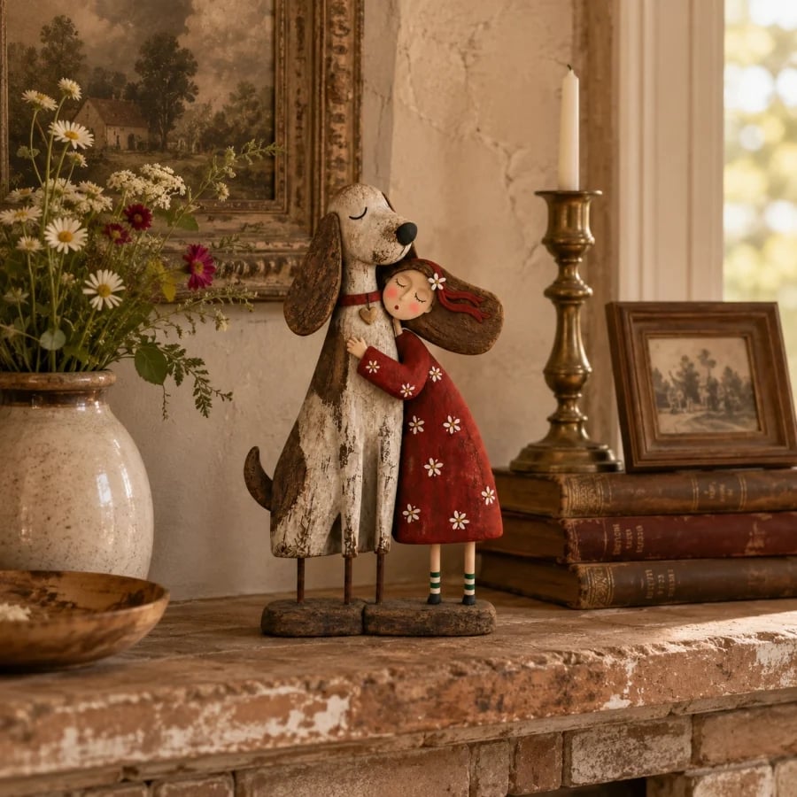 💕 Girl & Her Best Friend Folk Art Figurine