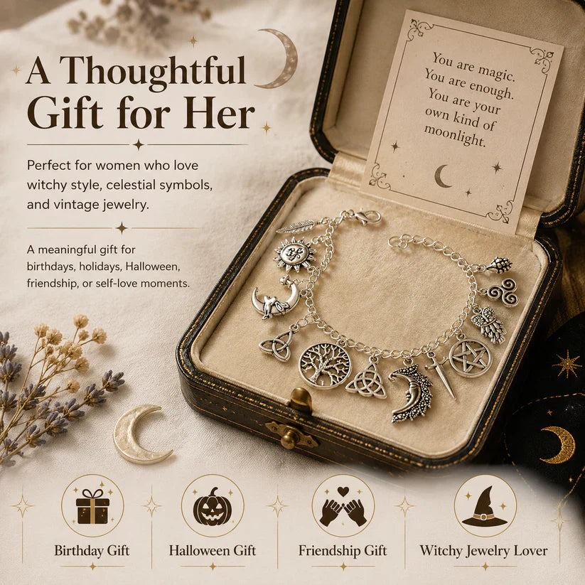 Vintage Witchy Charm Bracelet for Women – Celestial Gothic Boho Jewelry
