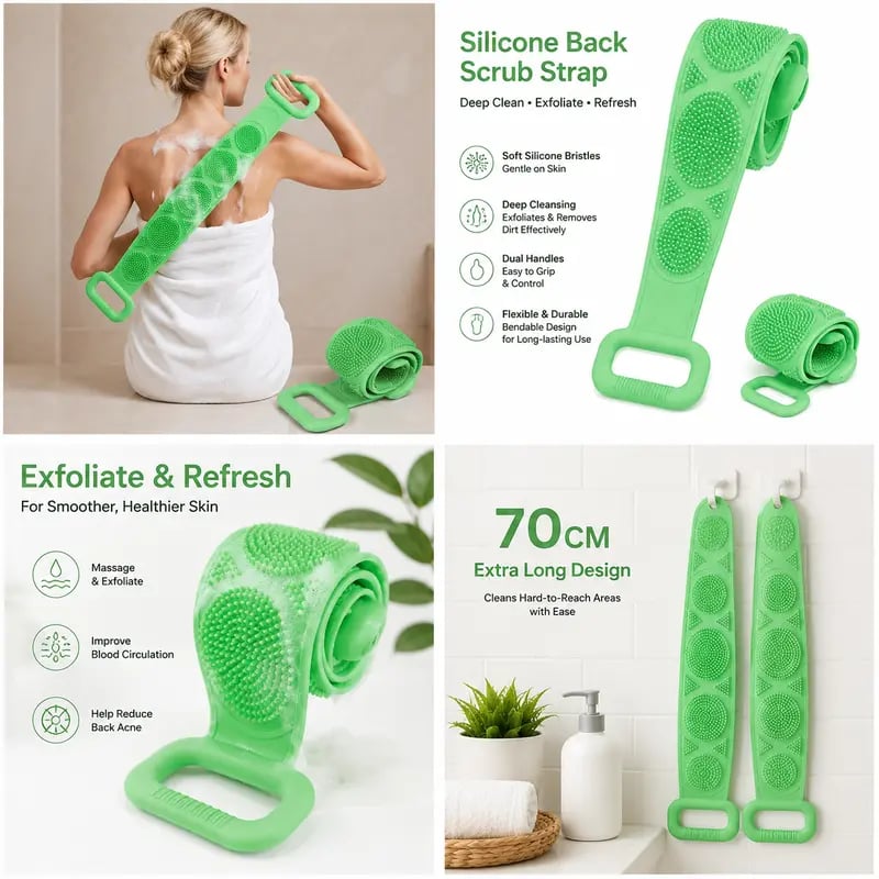 Long Silicone Shower Back Scrubber Exfoliating Bath Strap