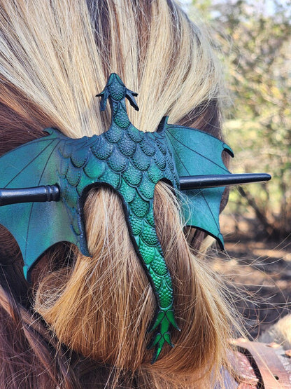 🐉 Leather Tooled Dragon Hair Slide with Wood Stick