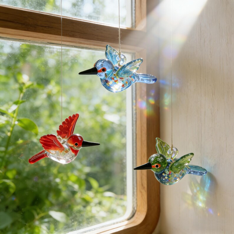 🕊️ Hand Blown Glass Hummingbird Ornament – Colorful Glass Bird Suncatcher