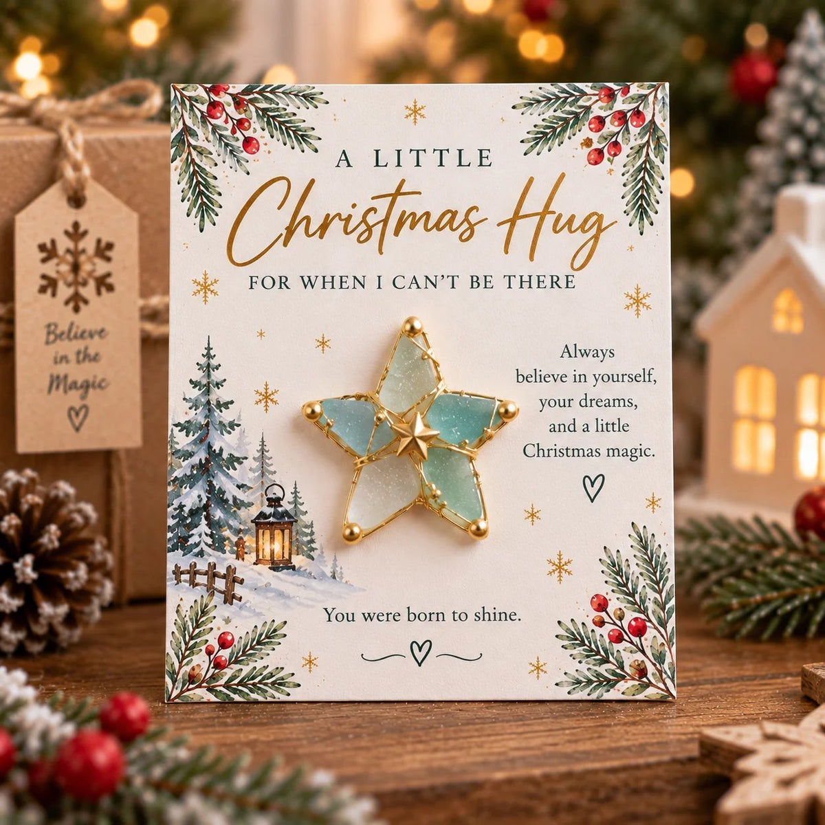 A Little Christmas Hug™ Sea Glass Keepsake Card – Handmade Holiday Gift With A Touch Of Love