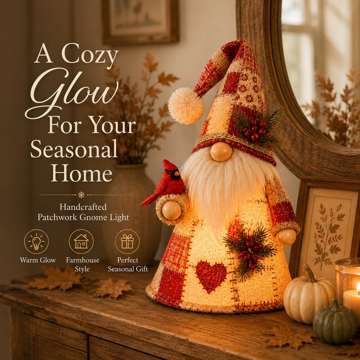 🐦 Patchwork Bird Gnome Light Collection | Warm Glowing Tabletop Decor with Farmhouse Patchwork Details for Mantels, Shelves & Holiday Gifts ✨