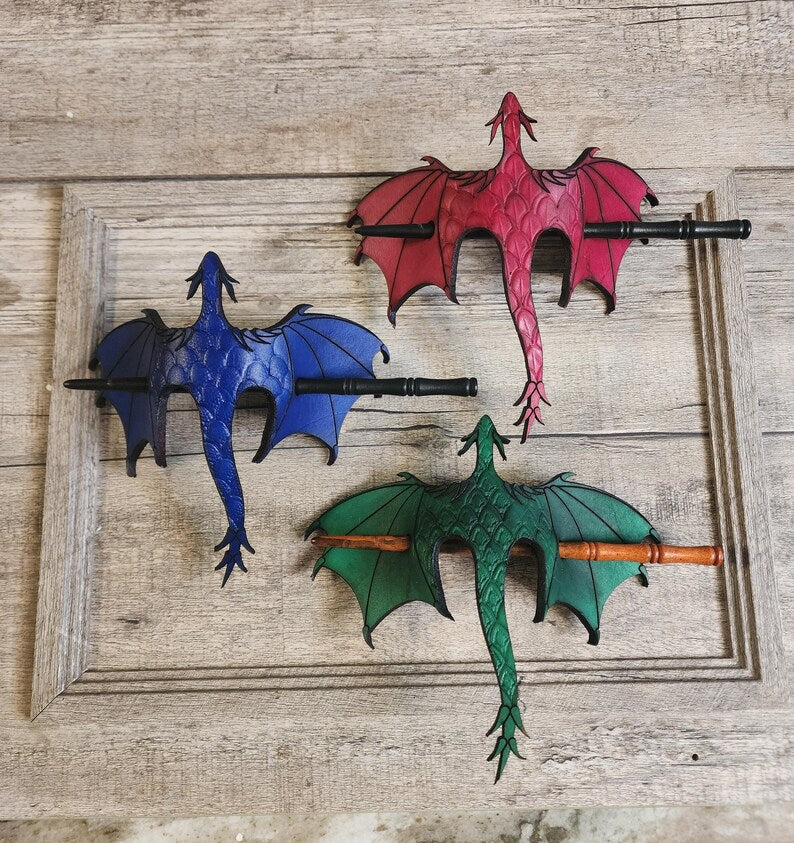 🐉 Leather Tooled Dragon Hair Slide with Wood Stick