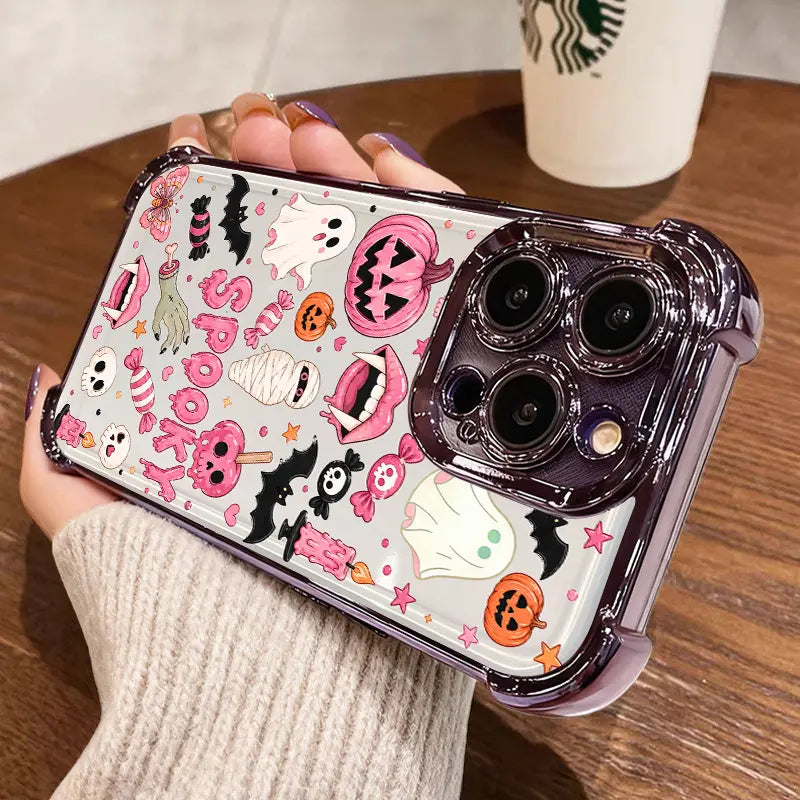 TYIIPLUS™ Halloween Candy Ghost Phone Case – Cute Spooky Pumpkin & Ghost Design, Clear Shockproof Case for iPhone & Galaxy