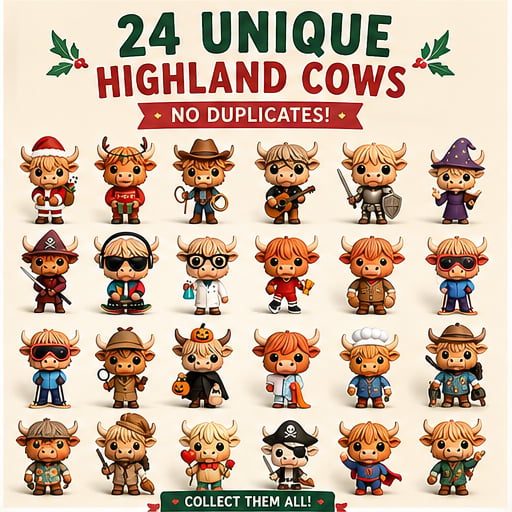 Highland Cow Advent Calendar 2026 – 24-Day Christmas Countdown with Cute Highland Cow Figurines