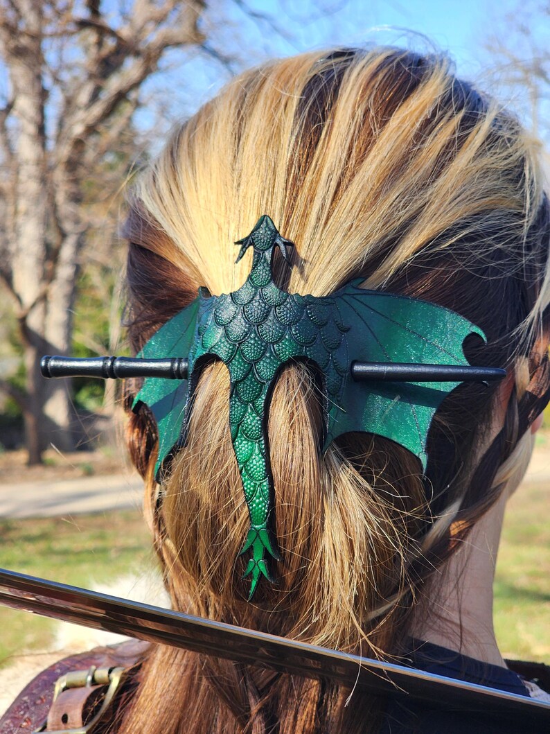 🐉 Leather Tooled Dragon Hair Slide with Wood Stick