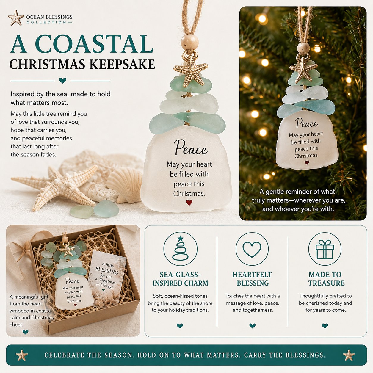🌊Ocean Blessings™ Sea Glass Christmas Ornaments – Peace, Love, Joy, Faith, Family, Friends & Hope
