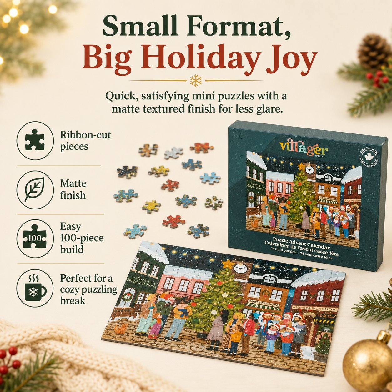 🎄24 Days of Cozy Christmas Puzzle Advent Calendar | 24 Artist-Designed 100 Piece Mini Jigsaw Puzzles🧩