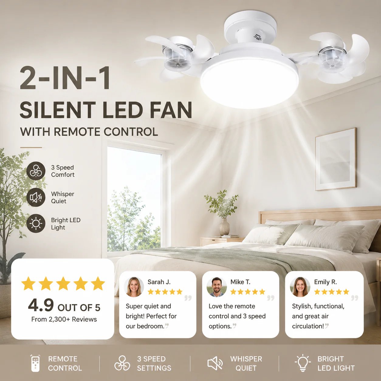 🌀New E27 Socket Ceiling Fan Light – 2‐in‐1 Silent LED Fan with Remote Control, Energy‐Saving Cooling & Lighting Combo for Home Bedroom