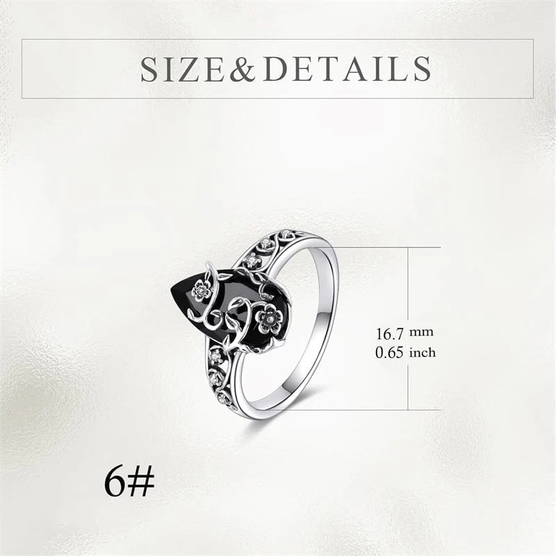 🌼 925 Silver Vintage Floral Black Gemstone Ring – Timeless Boho Elegance💍