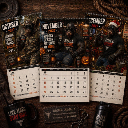 Bull Mode™ 2027 A4 Funny Men's Desk Calendar – 12 Rugged Bull Lifestyle Designs | TYIIPLUS™
