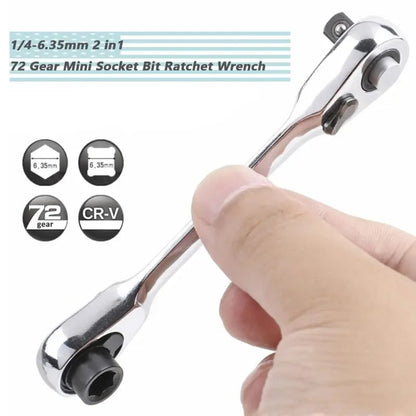 🛠️ 1/4 Inch Mini Double Headed Ratchet Wrench Silver 72-Tooth 5° Quick Release Drive Socket Tool