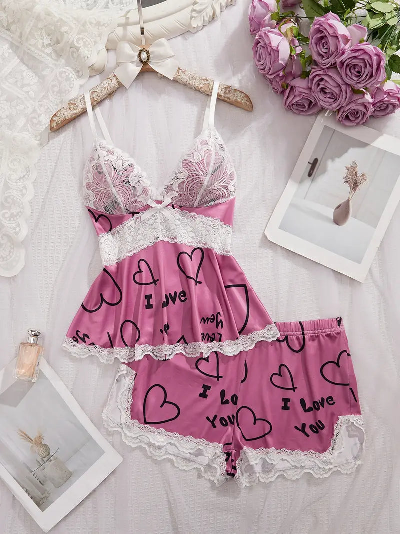 Women's Lace Trim Printed Cami Pajama Set – 2-Piece Soft Sleepwear & Loungewear Set (S–2XL)