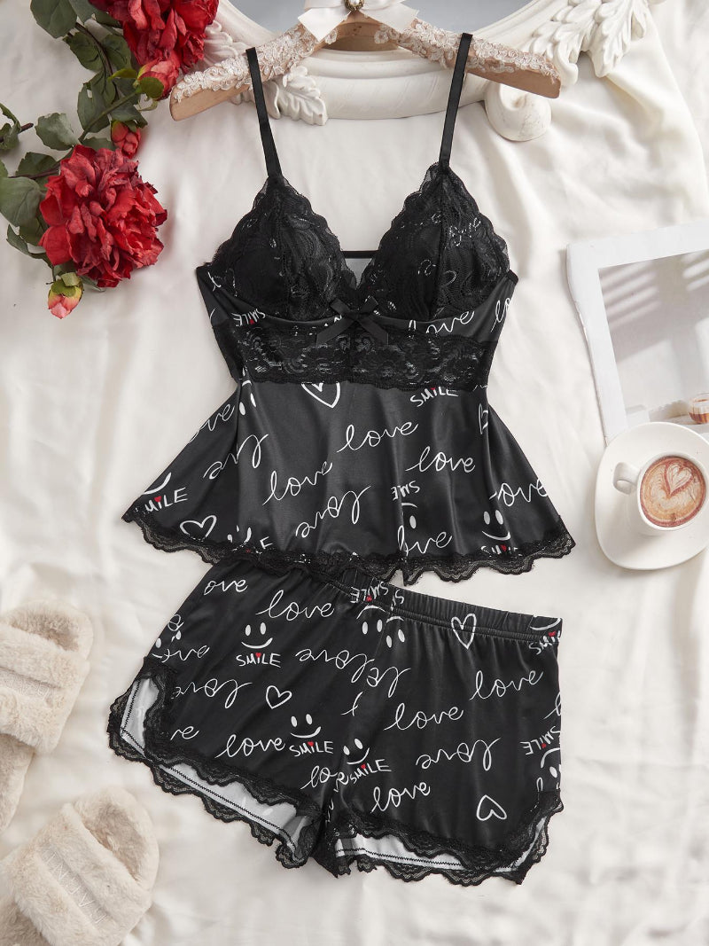 Women's Lace Trim Printed Cami Pajama Set – 2-Piece Soft Sleepwear & Loungewear Set (S–2XL)