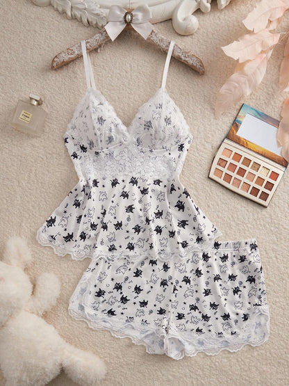 Women's Lace Trim Printed Cami Pajama Set – 2-Piece Soft Sleepwear & Loungewear Set (S–2XL)