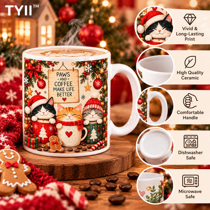🐱 TYII™ Christmas Cats & Coffee Mug – 11oz Cozy Holiday Ceramic Coffee Cup, Cute Cat Christmas Gift