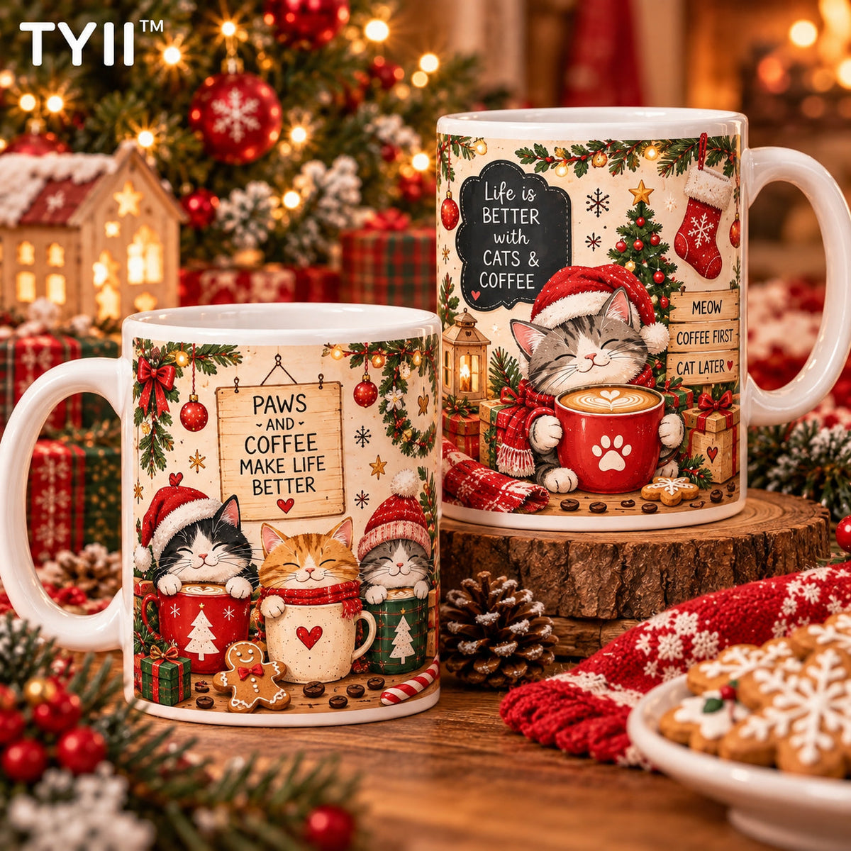 🐱 TYII™ Christmas Cats & Coffee Mug – 11oz Cozy Holiday Ceramic Coffee Cup, Cute Cat Christmas Gift