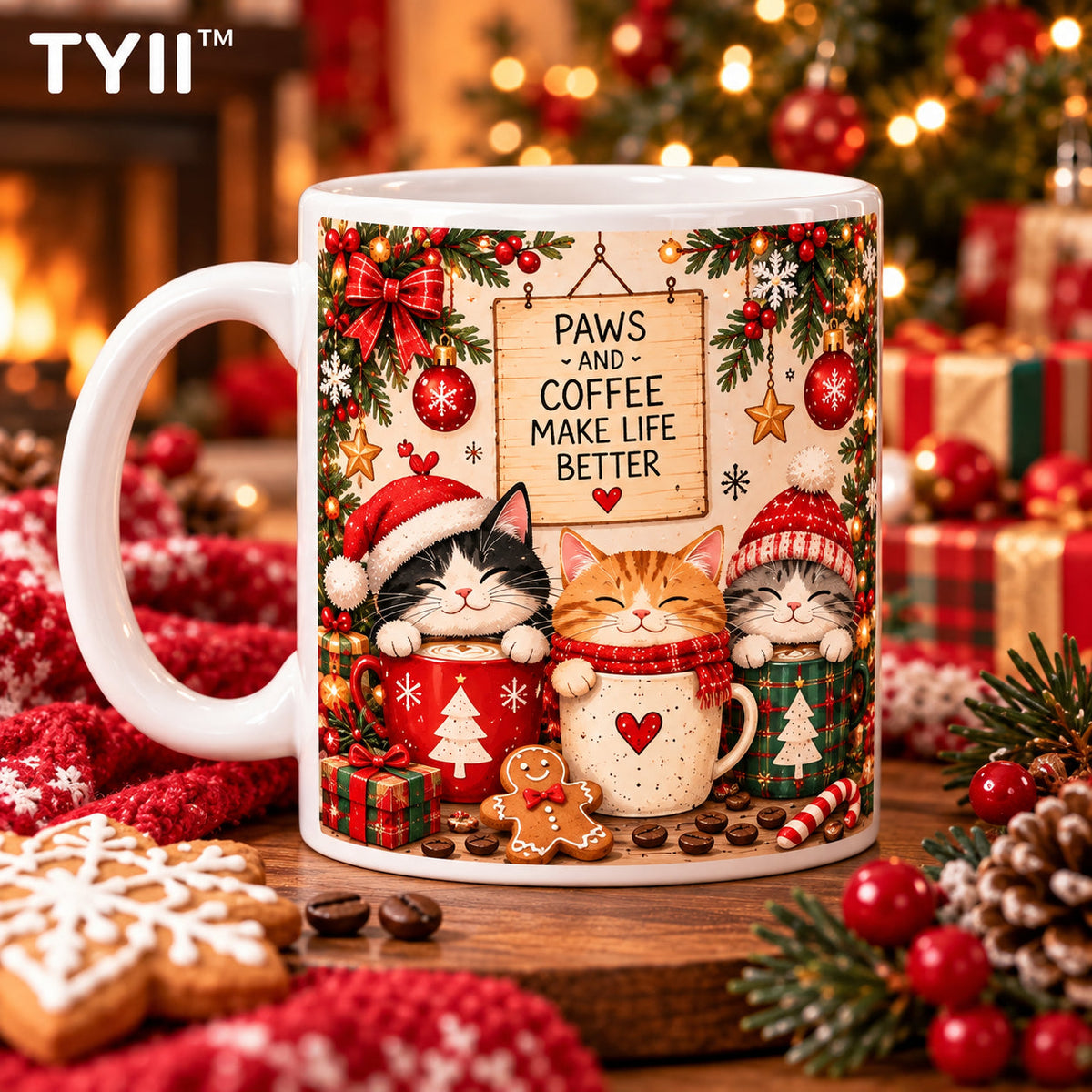🐱 TYII™ Christmas Cats & Coffee Mug – 11oz Cozy Holiday Ceramic Coffee Cup, Cute Cat Christmas Gift
