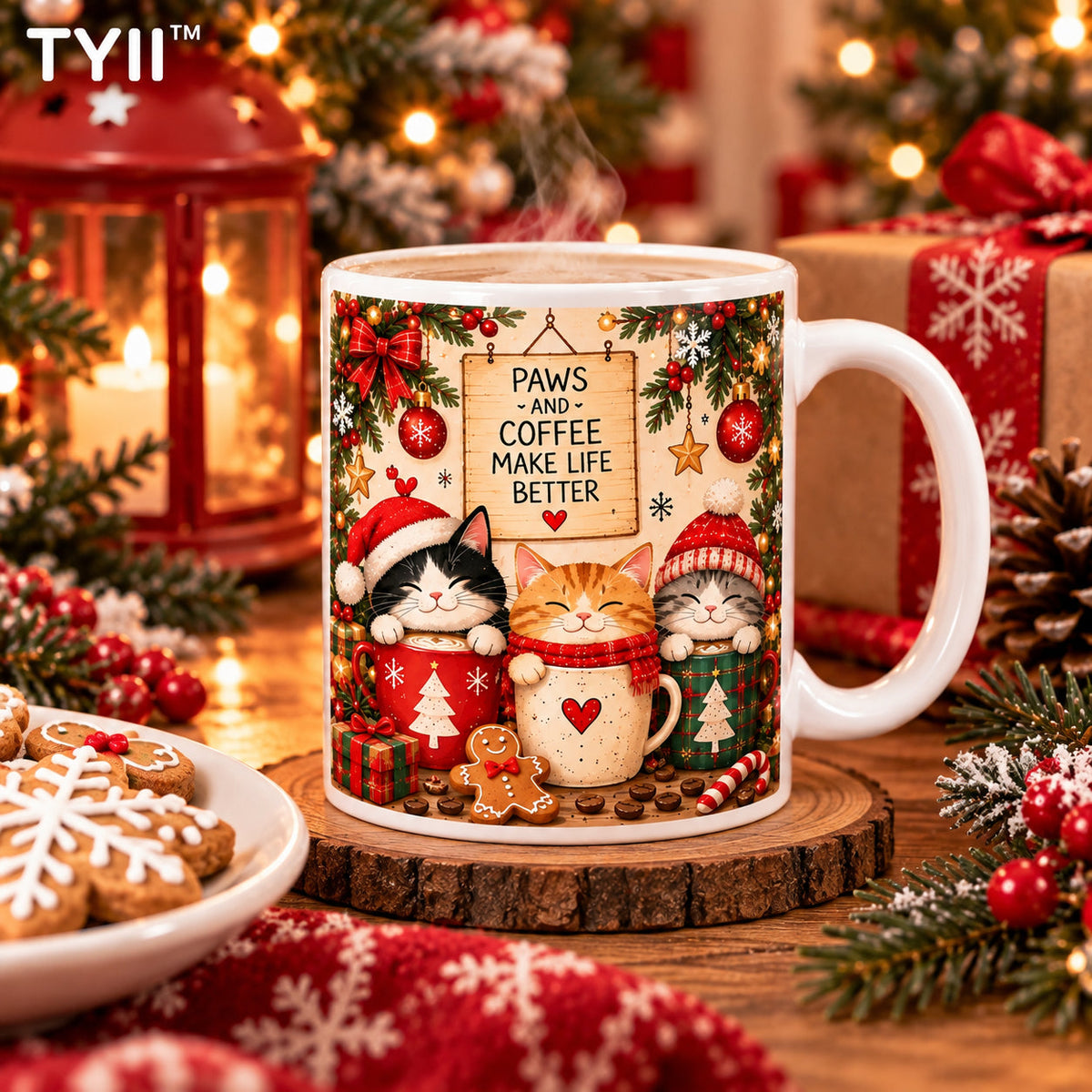 🐱 TYII™ Christmas Cats & Coffee Mug – 11oz Cozy Holiday Ceramic Coffee Cup, Cute Cat Christmas Gift