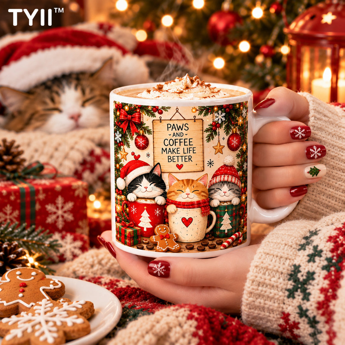 🐱 TYII™ Christmas Cats & Coffee Mug – 11oz Cozy Holiday Ceramic Coffee Cup, Cute Cat Christmas Gift