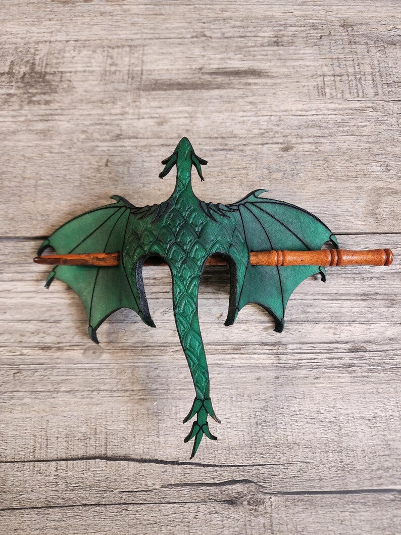 🐉 Leather Tooled Dragon Hair Slide with Wood Stick