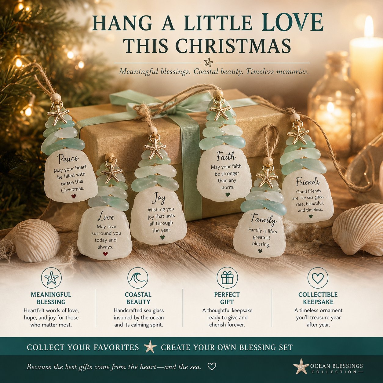 🌊Ocean Blessings™ Sea Glass Christmas Ornaments – Peace, Love, Joy, Faith, Family, Friends & Hope