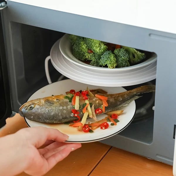 Foldable Microwave Tray Rack – Double Layer, Cool-Touch Handles, BPA-Free & Space-Saving