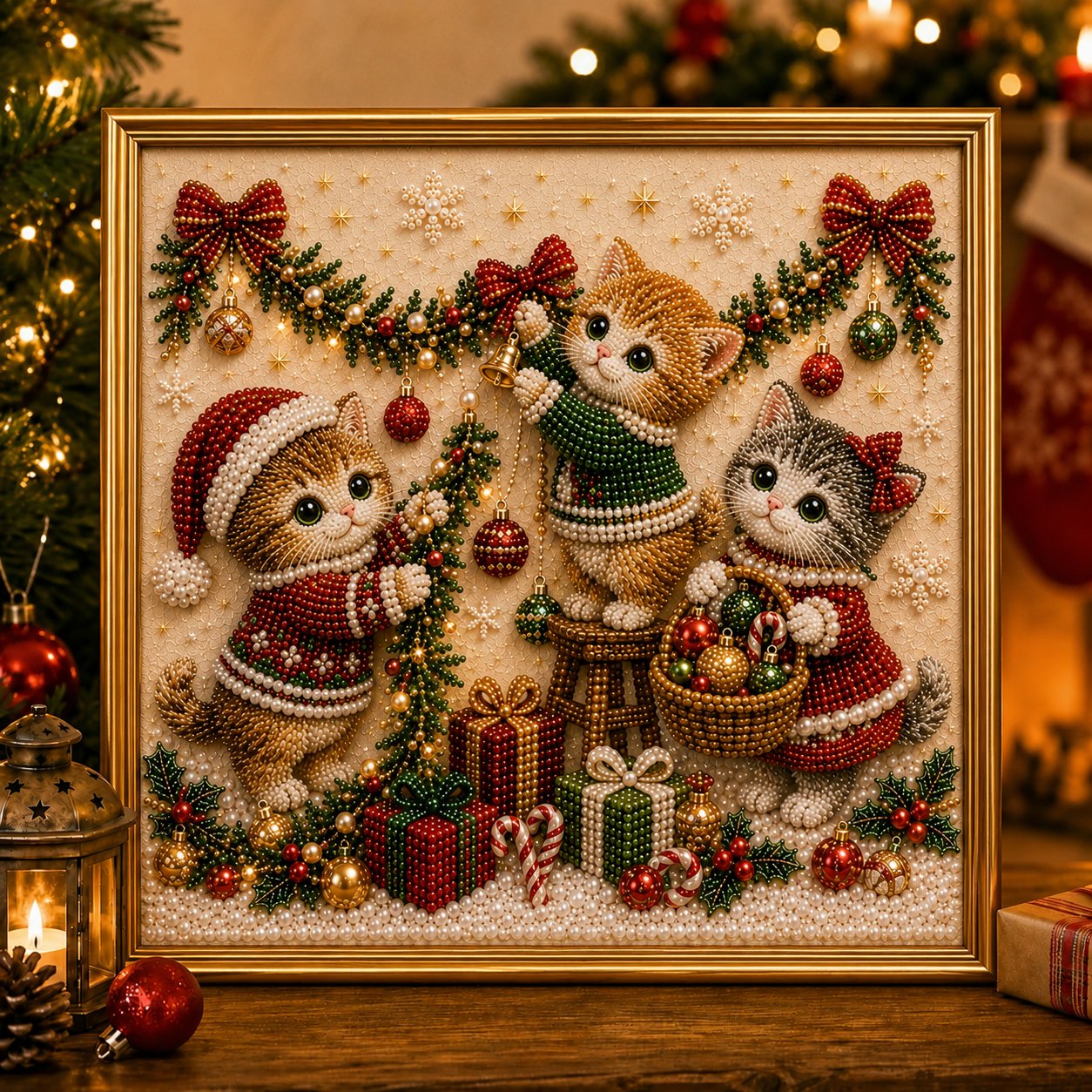 🎄🐾Premium 3D Pearl Christmas Kitty Art Kit | Luxury Flocked Canvas with Scratch-Resistant Non-Fading Pearl Beads DIY Holiday Decor 🎅🐱❄️