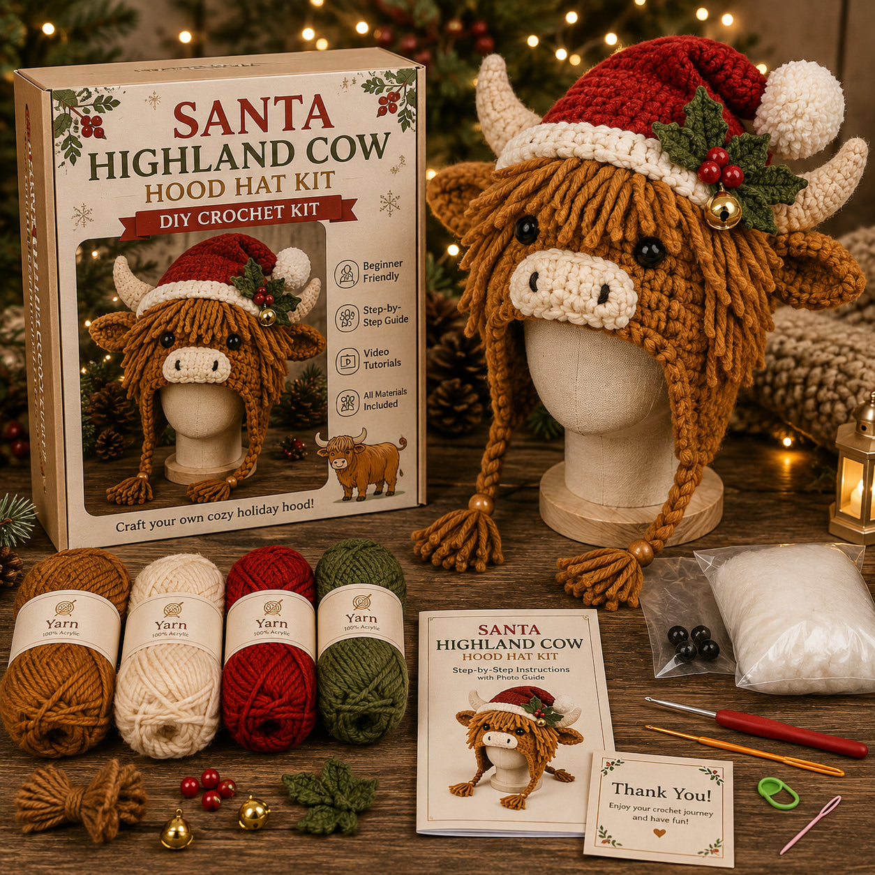 Christmas Highland Cow Hood Hat DIY Crochet Kit