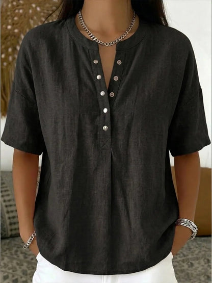 Women's Casual Henley Collar Linen & Cotton Short-Sleeve Shirt