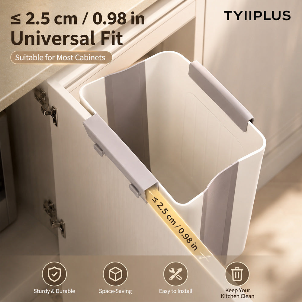 TYIIPLUS™ Foldable Hanging Trash Can, 1.6 Gallon Kitchen Cabinet Door Garbage Bin with Scraper, Space-Saving Waste Container for RV, Car & Camping