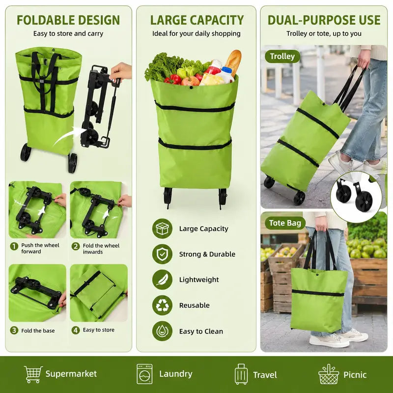 🔥HOT SALE 50% OFF🔥2-in-1 Foldable Shopping Cart Bag with Wheels – Reusable Rolling Grocery Tote