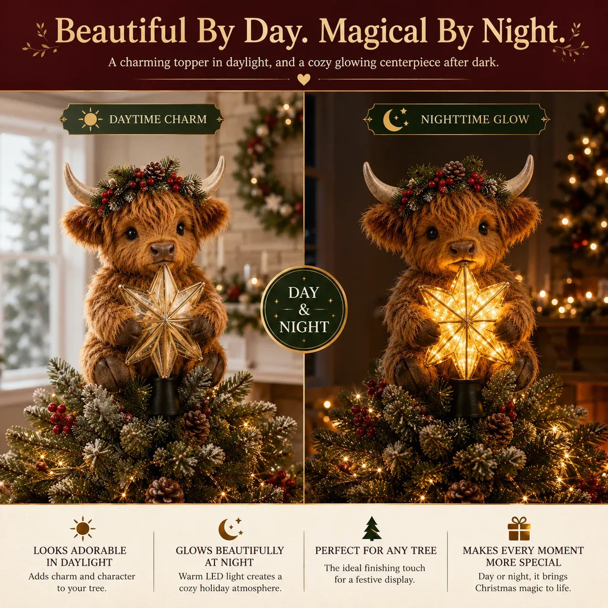 🎄Baby Highland Cow Glowing Star Tree Topper✨