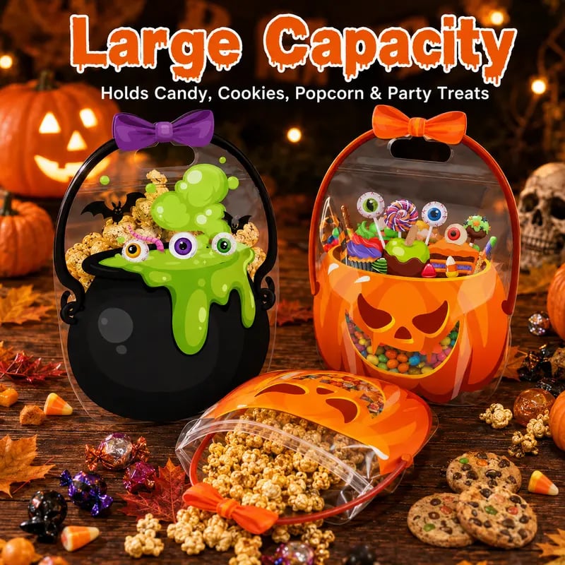 🎃 Halloween Treat & Goodie Bags with Handles (Poison Cauldron & Pumpkin Designs) 🍬👻
