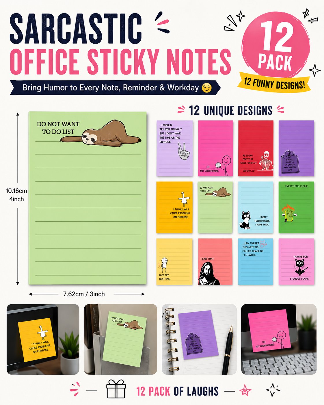 😂 12-Pack Sarcastic Office Sticky Notes – Funny Coworker Memo Pads & Hilarious Desk Gifts