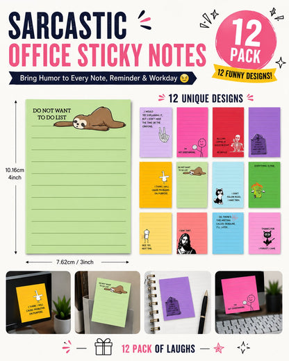 😂 12-Pack Sarcastic Office Sticky Notes – Funny Coworker Memo Pads & Hilarious Desk Gifts