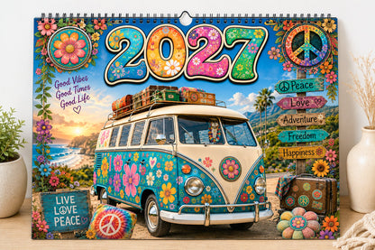 🌼2027 Hippie Boho Wall Calendar – Retro Road Trip Calendar