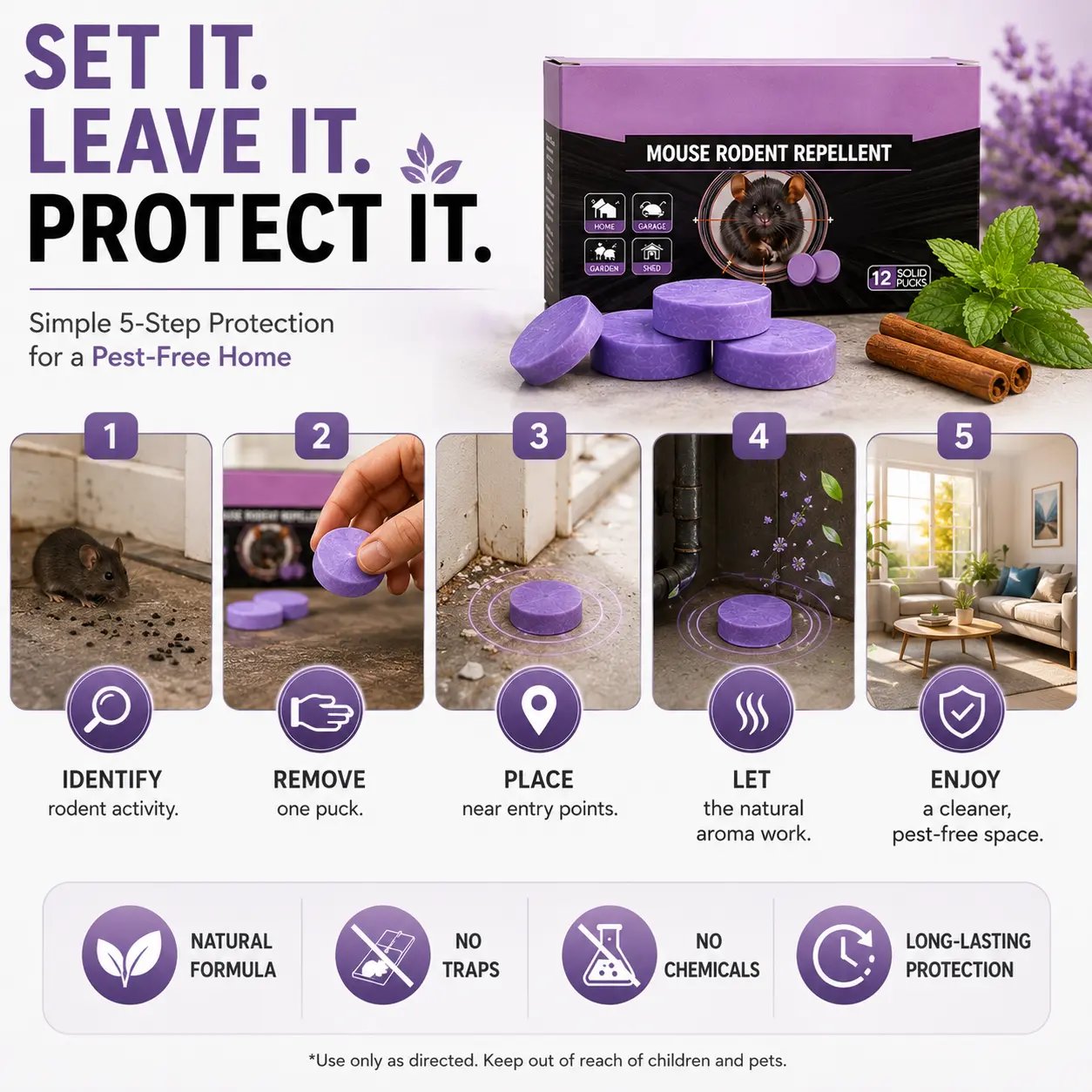 Natural Pest & Rodent Repellent Pucks | Long-Lasting Plant-Based Formula | 12 Piece