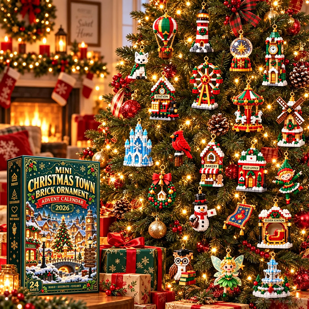 🎄 Mini Christmas Town Brick Ornament Advent Calendar | 24 unique festive buildable town‑themed designs with hanging loops—perfect for decorating Christmas trees, wreaths, and holiday displays 🧱