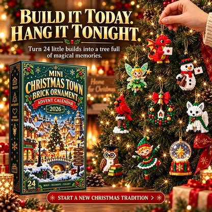 🎄 Mini Christmas Town Brick Ornament Advent Calendar | 24 unique festive buildable town‑themed designs with hanging loops—perfect for decorating Christmas trees, wreaths, and holiday displays 🧱