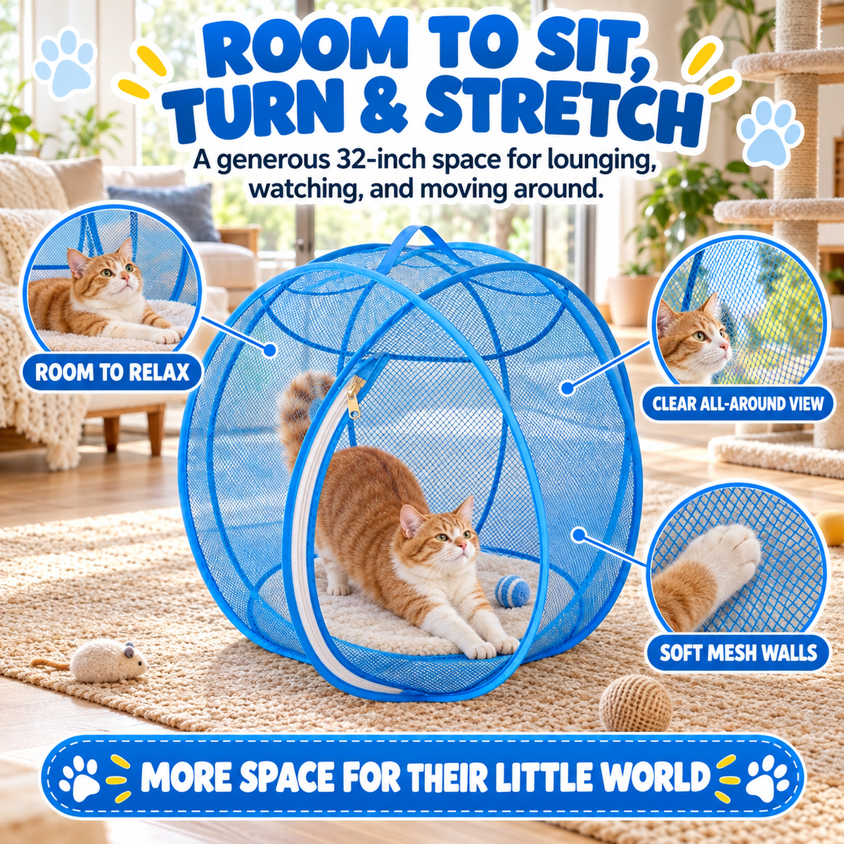 Foldable Pop Up Mesh Cat Playpen, 27.5in Portable Spherical Pet Enclosure, Safe Outdoor Play Tent for Cats Small Dogs Rabbits Guinea Pigs